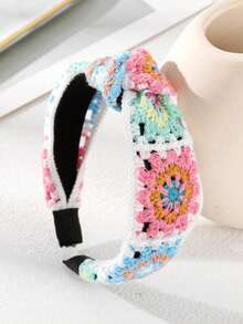 女士顶部打结宽发带，防滑，女孩头巾花朵钩编针织发饰发带发箍 - 彩色 - 查看 7