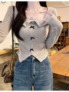 新款春季针织方领长袖T恤，女士时尚优雅修身柔软套头衫 - 卡其色 - 查看 1