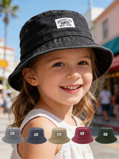 1pc Vintage Washed Kids Bucket Hat With Brooklyn Label Design, Breathable Sun Protection Hat For Boys And Girls