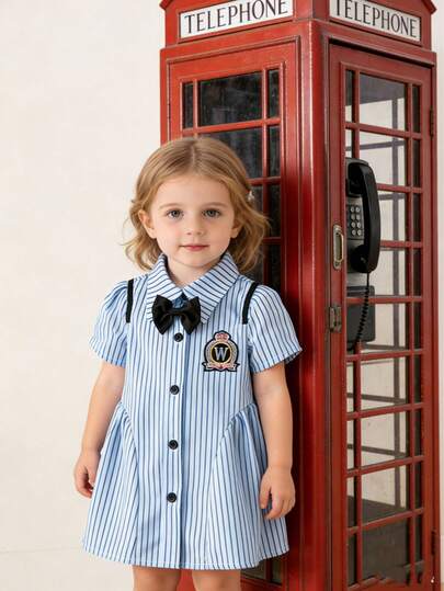 Đầm mùa hè cho bé gái kẻ sọc cổ buộc nơ dáng bất đối xứng dễ thương, kiểu dáng "preppy kẻ sọc hồng" làm cho bé gái trông đáng yêu, những đường kẻ sọc hồng trắng tinh tế tôn lên làn da trắng hồng của bé, dây đeo màu đen và họa tiết tai thỏ 3D thêu trên ngực tạo thêm nét duyên dáng và tinh tế cho chiếc đầm, một bộ trang phục ngọt ngào hoàn hảo cho bé gái.