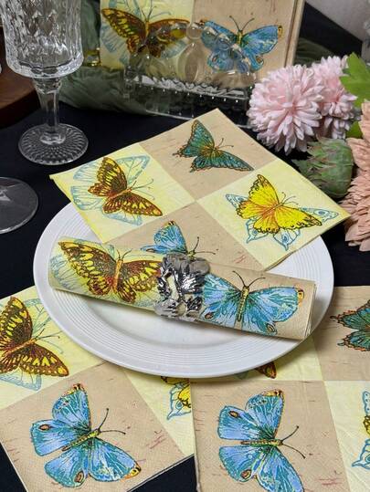 20/40개 나비 패턴 레트로 파티 냅킨 일회용, 펼친 크기 13*13인치, 2겹 종이, 봄 축제 냅킨, 결혼식, 브라이덜 샤워, 휴일, 기념일, 생일, 어머니의 날 파티, 휴일 및 파티 장식 용품