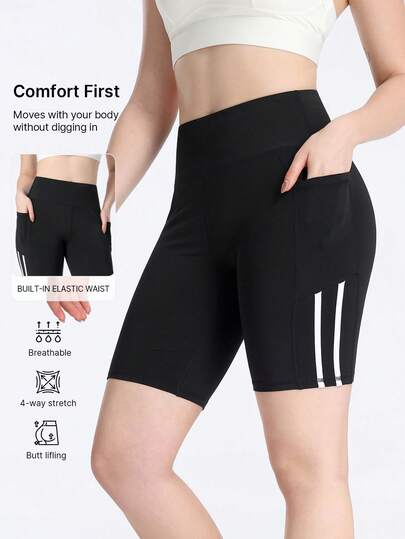 1pc Women Plus Size High Waist Tummy Control Yoga Shorts, Lightweight Breathable Stretchy Bike Shorts With Pockets For Spring/Summer, Suitable For Yoga, Outdoor Sports, Running, Hiking, Fitness