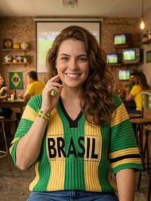 Women's Striped T-Shirt Brazil World Cup Ribbed Modal Knit V-Neck Short Sleeve Summer - Green/Yellow - View 1