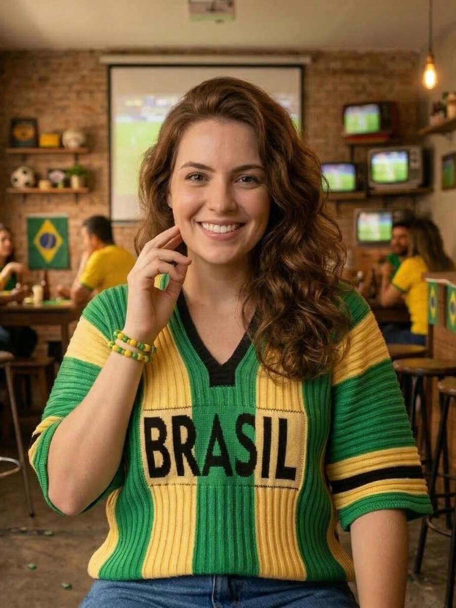 Women's Striped T-Shirt Brazil World Cup Ribbed Modal Knit V-Neck Short Sleeve Summer - Green/Yellow - View 1