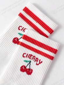 1 Pair Cherry Print Mid-Calf Socks With Colorful Striped Ribbed Details, Soft & Durable Material, Essential For Autumn, Designed For Women - Red - View 3