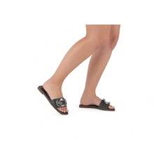 Vizzano Soft Leather Flat Slide Sandals With Modern Charcoal Mettalic Detail - Grey and Charcoal Mettalic - View 2