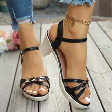 1 Pair Women's Summer New Fashion Crystal Pendant One-Strap Comfortable Soft-Sole High Heel Sandals, Minimalist Style Suitable For Casual, Work, And Solid Color Wedding Heels - Black - View 10