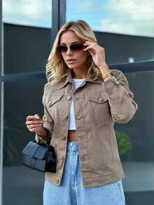 Women's Denim Jacket, Long Sleeves, With Pockets And Buttons On The Front, Fashion 2026 - 棕色 - 查看 2