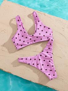 Bộ bikini 2 mảnh dành cho nữ, vải màu tím nhạt với họa tiết chấm bi nâu, áo cổ chữ V xoắn phía trước, quần tam giác cạp cao, đồ đi biển dễ thương cho kỳ nghỉ hè của phái nữ. - Nhiều màu - Xem 2