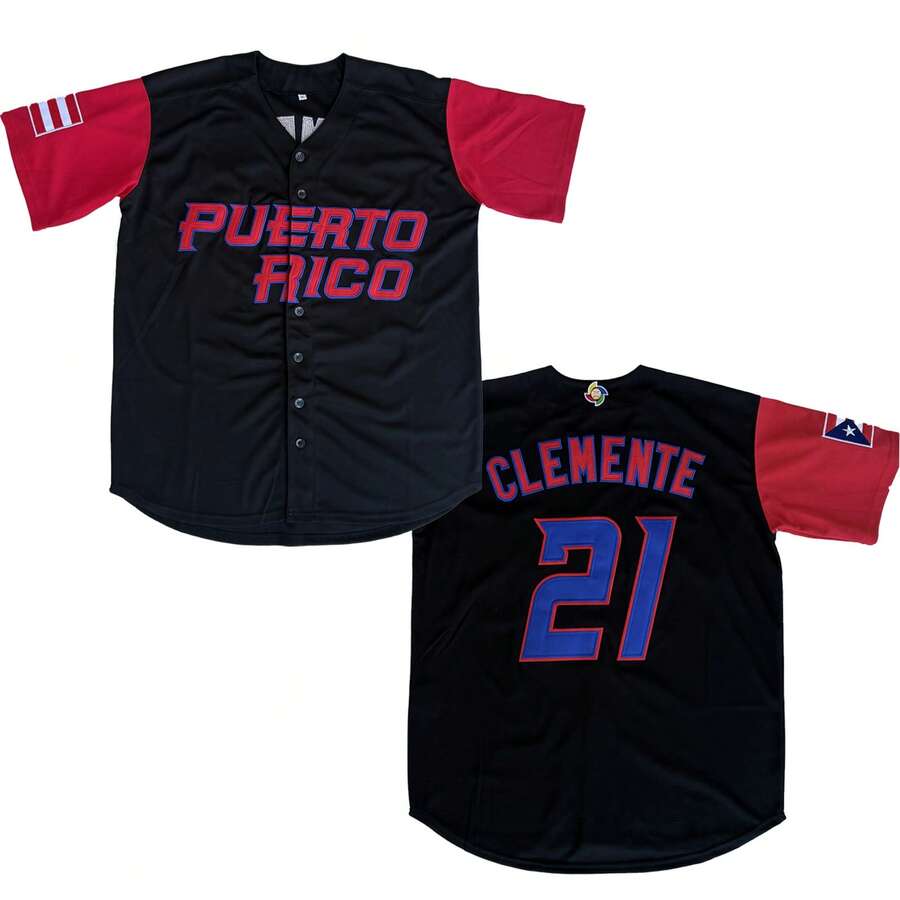 Men's Puerto Rico #21 Clemente World Game Classic Embroidery Terylene Baseball Jersey Uniform Athletic Clothing Sports Apparel - 黑色 - 查看 1