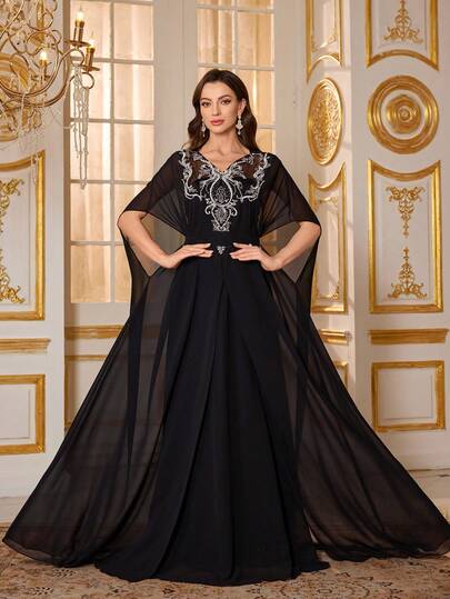  SUPGIR 女士 V 领蝙蝠袖奢华珠饰亮片拼接两件式雪纺长款正式晚礼服