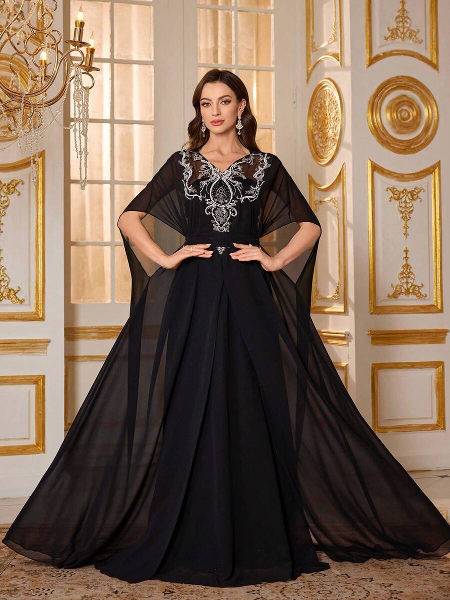 SUPGIR Women's V-Neck Batwing Sleeve Luxury Bead Sequin Stitching Two Pieces Maxi Chiffon Formal Evening Dress - Black - View 1