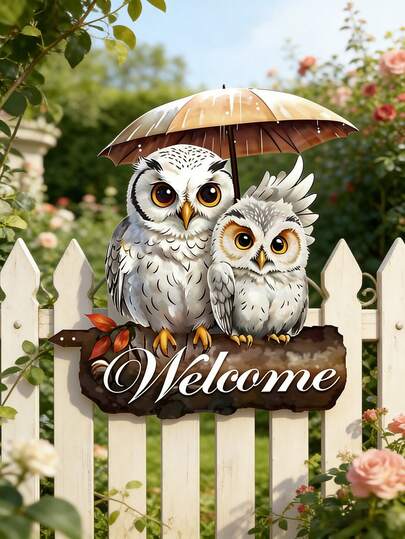 1pc Metal Owl Wall Art - Colorful Double Owl Welcome Sign, Porch Decorative Hanging Sign, Weatherproof Garden Decor Hanging Piece, Suitable For Indoor And Outdoor Use, For Home Address Display, Garden Entrance Artwork, Ideal Birthday And Valentine's Day Gift