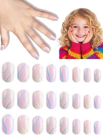 NAIO 24 Pieces Spring And Summer Press On Nails For Kids, 1 Pack Kid Fake Nail Colorful, Fresh, Irregular Line Texture Design Elements Pre-Glue Short Nail Stick On Nails, Great For Children Little Girl Birthday Gifts, Parties & Makeovers Decoration