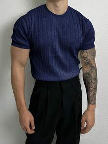 Men's Solid Color Minimalist Casual Short Sleeve Knit Sweater - Navy Blue - View 5