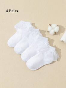 4 pares de calcetines de algodón de unicolor con encaje de malla para niñas, calcetines de baile transpirables para bebés - Blanco - Ver 4