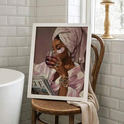 1 Tranh treo tường không khung, áp phích, tranh in trên vải canvas sang trọng, khăn tắm màu hồng và ly cocktail vàng, tranh nghệ thuật hiện đại, tối giản, hoàn hảo cho không gian bếp.