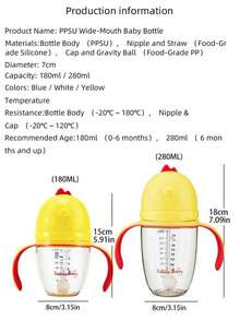 1个PPSU材质宽口婴儿奶瓶，易握手柄，360°重力球吸管，硅胶奶嘴，耐热防胀气奶瓶，适合0个月以上宝宝，容量180毫升/280毫升 - 彩色 - 查看 8