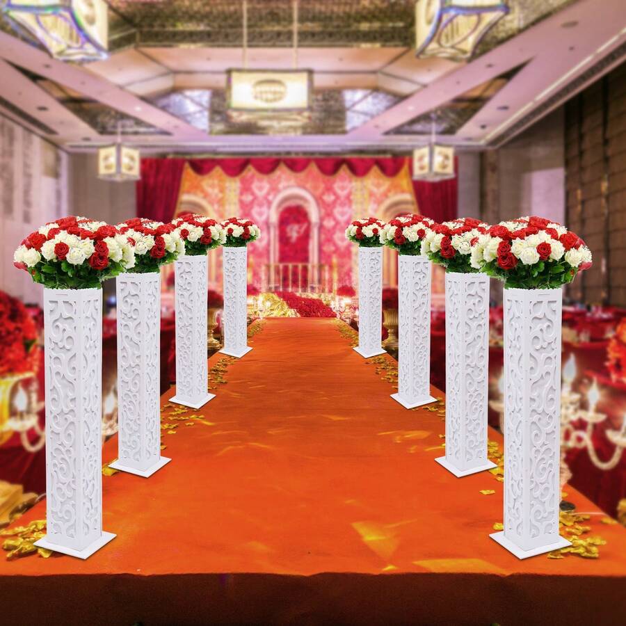 8 Pcs Flower Columns, 120cm/47.24 Inch Tall Carved Hollow-Out Wedding Basket Set, Auspicious Cloud Pattern, Flower Displays, Wedding Decorations, Birthday Parties - White - View 1