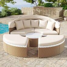 Garden Lounge Chair Set, Garden Island, Rattan Garden Table And Chairs Set, Shell-Shaped Garden Bed, Extendable Canopy, Lift-Top Table, Beige, Cushions And Seat Pads Included - C - View 2