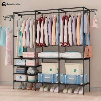 Black Family Assembleable Closet For Clothes, Coat Rack, Closet Organizer, Assembleable Closet Organizer 173 * 160 * 35 Cm, Portable Closet, Clothes Hanging Rack, Multifunctional With Hooks (With 3 Divisions)