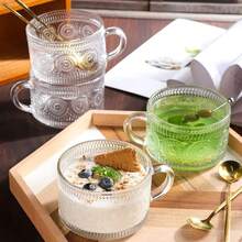 1/2个复古玻璃牛奶杯，透明浮雕茶杯，带盖和勺子，适用于卡布奇诺、拿铁、麦片、酸奶、饮料，母亲节礼物 - 彩色 - 查看 8