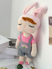 1pc 45cm/17.72in Cute Pink Rabbit Ear Plush Doll With Rainbow Embroidered Gray Strap, Soft Stuffed Sleep Companion Suitable For Girls, Cartoon Rabbit Ear Plush Doll, Ideal Birthday Gift And Bedroom Decor For Children And Toddlers - Multicolor - View 3