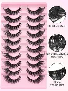 10 Pairs Fox Eye Fluffy Soft Eyelashes Cat Eye Lashes Winged End Eye Elongated Eyelashes Natural Long Faux Mink Fake Lashes Suitable For Daily Commuting, Dates, Vacations, And Parties - 黑色 - 查看 3