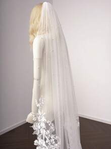 1 pieza Velo de novia con perlas, decoración floral de encaje y lentejuelas, longitud de catedral, incluye peine, adecuado para novia en blanco e marfil - Multicolor - Ver 7
