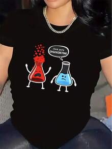 Polyester Short Sleeve T-Shirt With Fun Chemistry Lab Design, Lightweight And Durable For Casual Use In The Kitchen Or Lab, Featuring Red And Blue Flask Characters And The - White - View 6