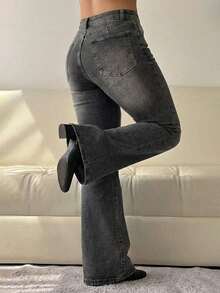 Women's Grunge Style Wide Leg Denim Jeans, Washed Gray With Button And Zipper, Comfortable Slight Stretch Fabric - 灰色 - 查看 4