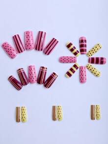 24pcs Rectangular Acrylic Nail Art Stickers - "Dopamine" Color Block Polka Dot Design With Pink, Brown And Yellow Stripes, Multipurpose Set. Reusable Detachable False Nails Suitable For Daily Wear And Parties. Includes Gel Stickers (1 Sheet) And Nail File (1 Pc) - Multicolor - View 4