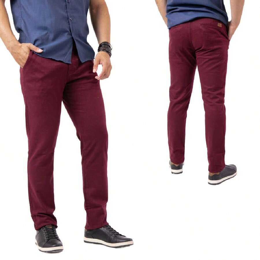 Urban Zone Jeans Men's Slim Fit Casual Twill Pants With Elastane - 酒紅色 - 查看 1