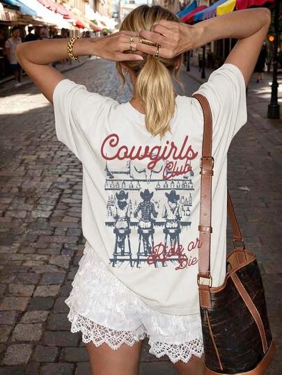 Camiseta de manga corta con cuello redondo y estampado, hecha de tela elástica, para mujer de talla grande con estilo de mezclilla