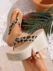 女士厚底坡跟人字拖，厚底高跟凉鞋，新款时尚夏季沙滩拖鞋 - 米色 - 查看 5