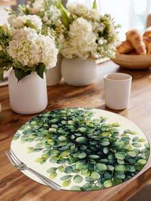 4 piezas/6 piezas Manteles individuales redondos con estampado de hojas verdes, decoración del hogar de temporada para primavera/verano, estilo moderno, material similar al lino, decoración del hogar y la cocina, suministros para fiestas interiores/exteriores, decoración con tema de verano - Multicolor - Ver 1