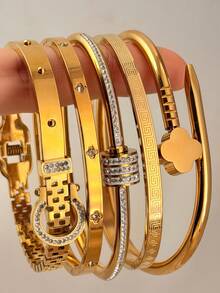 Bộ 5 vòng tay mạ vàng PVD 18K có thể xếp chồng lên nhau | Vòng tay mảnh mai chống thấm nước | Họa tiết pha lê và hình học | Trang sức thời trang tối giản dành cho nữ - Vàng - Xem 2