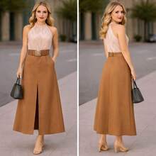 ELEGANT TAILORED LONG SKIRT - 卡其色 - 查看 2