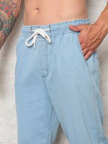 Men's Light Denim Cargo Pants With Elastic Waistband And Drawstring - Skater Style - 淺色水洗藍 - 查看 4