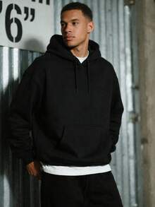 Men's Plain Oversized Kangaroo Hoodie With Hood And Front Pocket | Casual Streetwear Comfortable Winter Loose Fit Drawstring Pocket - 黑色 - 查看 1