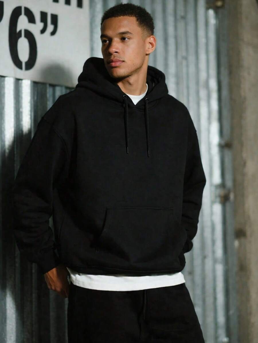 Men's Plain Oversized Kangaroo Hoodie With Hood And Front Pocket | Casual Streetwear Comfortable Winter Loose Fit Drawstring Pocket - 黑色 - 查看 1