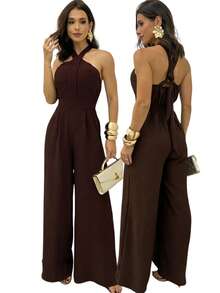 Women's Long Jumpsuit With Defined Waist And Built-In Bra Cups, Size M (38), Lightweight Duna Fabric. - 鏽棕色 - 查看 2