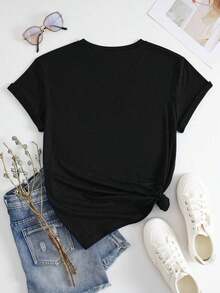 Camiseta casual minimalista para mujer con estampado de periódico, cuello redondo, camisetas gráficas para mujer, estilo vintage urbano, unisex, de algodón, manga corta, cuello redondo, blusas para mujer. blusas.blusas casuales para dama. - Negro - Ver 2
