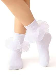 2双女童/幼儿蕾丝边袜子，公主风婴儿派对礼服白色袜子 - 白色 - 查看 4
