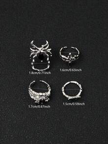 4pcs Vintage Dark Gothic Black Faux Gem Spider Rings, Personalized Goth Style Drip Oil Cross Butterfly Rhinestone Ring Set For Women - Silver - View 5