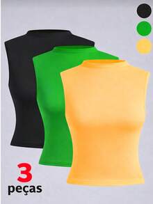 Set Of 3 Women's Tank Tops With Simple High Neck In Spandex - 黑色,綠色和黃色 - 查看 1