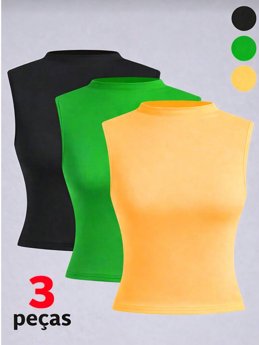 Set Of 3 Women's Tank Tops With Simple High Neck In Spandex - 黑色,綠色和黃色 - 查看 1