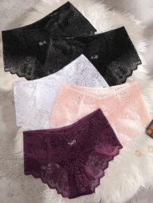 5件套浪漫优雅女士内衣，蕾丝花卉图案拼接镂空性感中腰内裤，适合日常穿着 - 彩色 - 查看 5