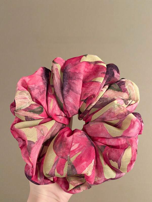 1pc Chiffon Scrunchie In Elegant Floral Oil Painting Style, Soft Pink, Suitable For Bun Hairstyles, Gentle On Hair, Comfortable Wear, Ideal For Women's Daily, Casual, Dance, Party, Travel And Special Occasions