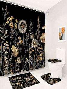 1/4pcs Bohemian Vintage Floral Black Gold Shower Curtain Set, Made Of Polyester Fabric, Waterproof, With Hooks, Machine Washable, Farmhouse Style Bathroom Curtain & Rug, Waterproof Polyester Shower Curtain, Non-Slip Bath Mat, U-Shaped Toilet Rug With 12 Hooks - Modern Style, Suitable For Home Decor, Bathroom Decor And Accessories, Easy To Clean And Maintain, Elegant Housewarming Gift - Fit For All Seasons - A - View 16